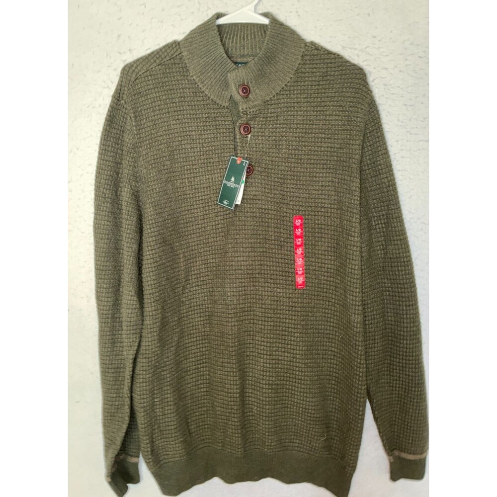 G H Bass Mens Cotton 1/4 Button Up Sweater Pullover Size L Green Cypress Heather